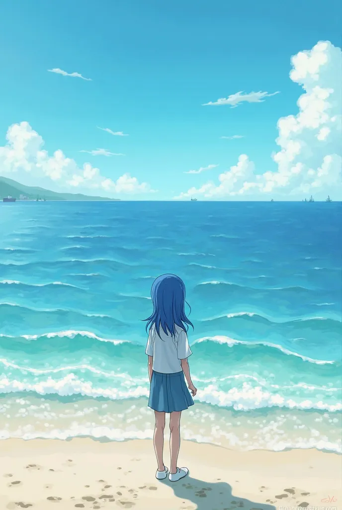 Picture a blue-haired girl looking at the calm sea