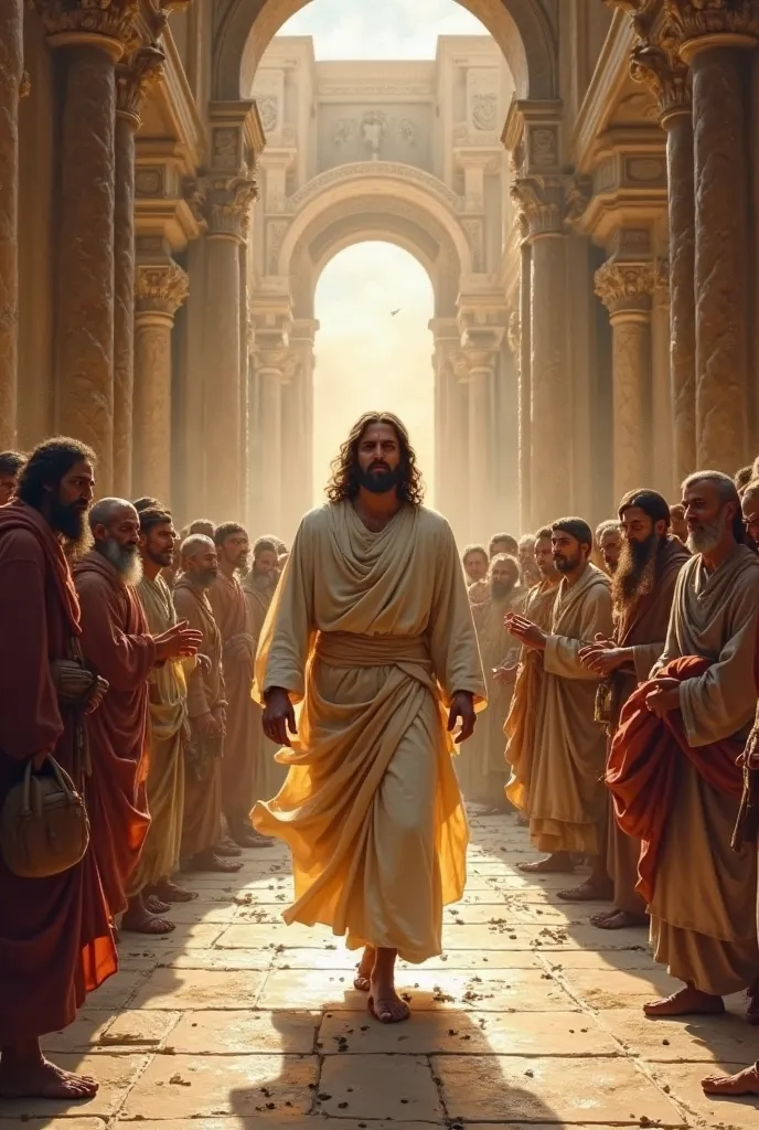 Create an image of Jesus entering the temple in Jerusalem 