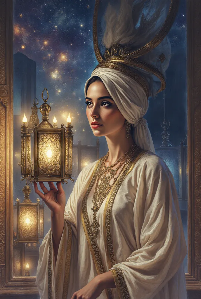 "Soft Arabic goddess Wearing A Headscarf And Caftan Holding A Lantern In A mystical Temple ,sacred view , Highly Detailed ,Intricate Details,Soft,Pastel,Art By Greg Rutkowski,celestial,Ethereal, mystical,Masterpiece"

 Qualité Meilleure, Détails fins, Très...