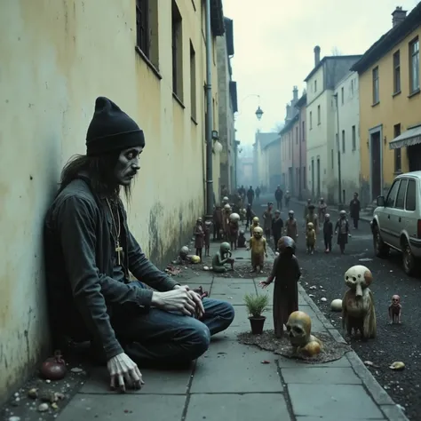 Horror, surreal art, . *** Psycho Verde wears a black beanie, all black dickies clothes and has a mustache and goatee. A small crucifix necklace is always around his neck. He lives on the streets and is a schizophrenic who sees things others don't s...