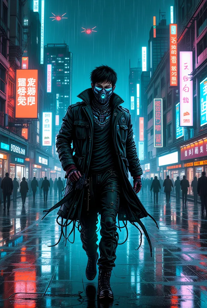 A young Asian man with an intense gaze walks through the streets of a cyberpunk megacity, wrapped in a dark coat with neon lights reflecting on his skin. His face is partially covered by a technological mask with digital symbols flickering on its surface. ...