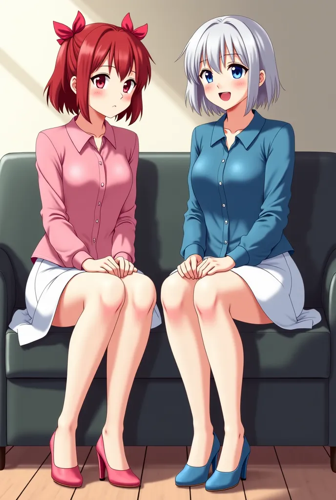 Mature adult lady with short red hair with two bows and red eyes (Clothes: wearing a pink blouse , white skirt and pink heels) next to another voluptuous mature adult lady with slightly long silver hair but tied at the bottom, and blue eyes (Clothes: dress...