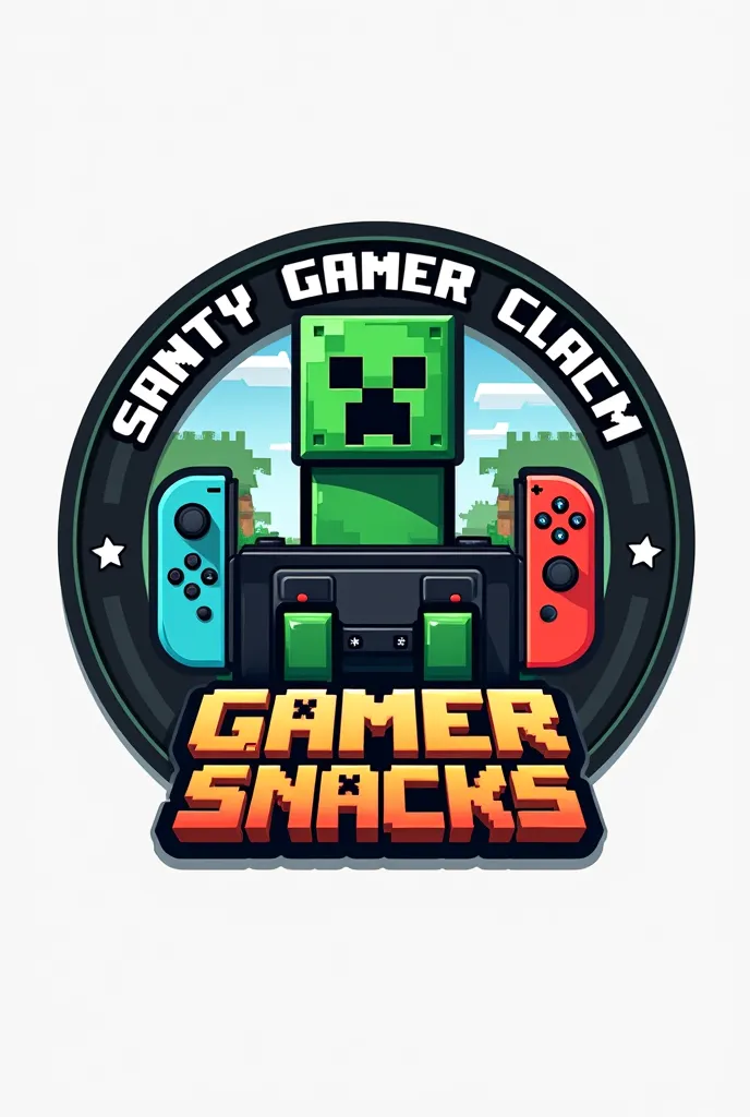 Logo circular que diga: Santy gamer snacks. Con letras de Minecraft y un switch en medio y un Creeper 