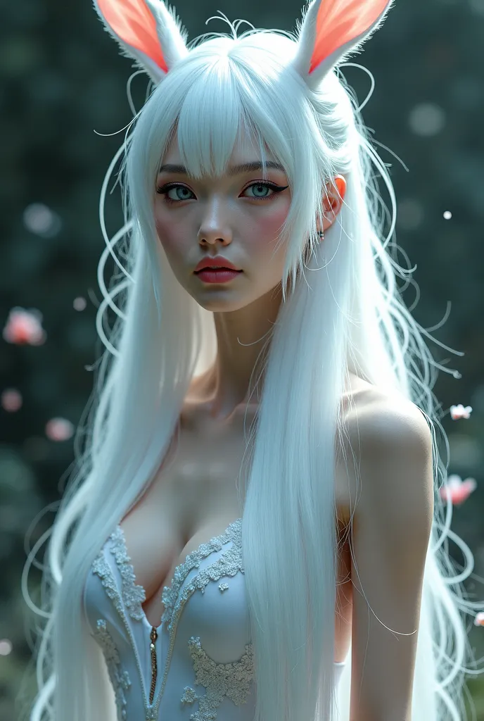 Attractive girl white hair, beautiful figure, Long hair,makeup, decorations,in the rabbit's ears 