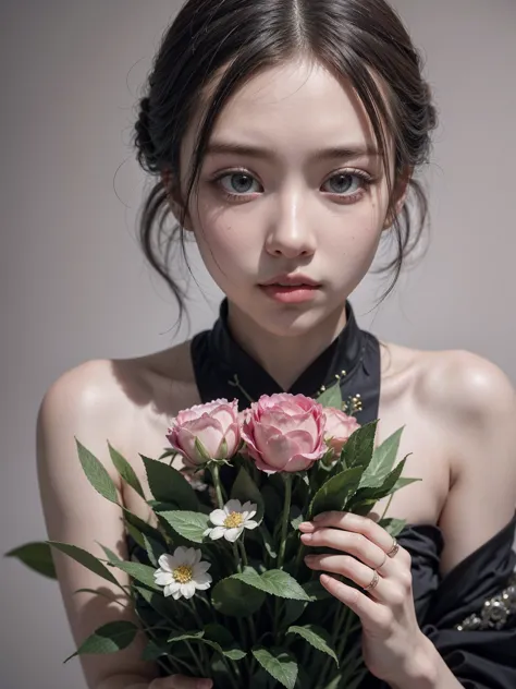 woman holding a bunch of flowers, floral couture, lulu chen, jingna zhang, sha xi, inspired by Chen Lu, official valentino editorial, chie yoshii, gemma chen, official vogue editorial, inspired by Pan Yuliang, gongbi, inspired by Xie Huan, portrait of joss...