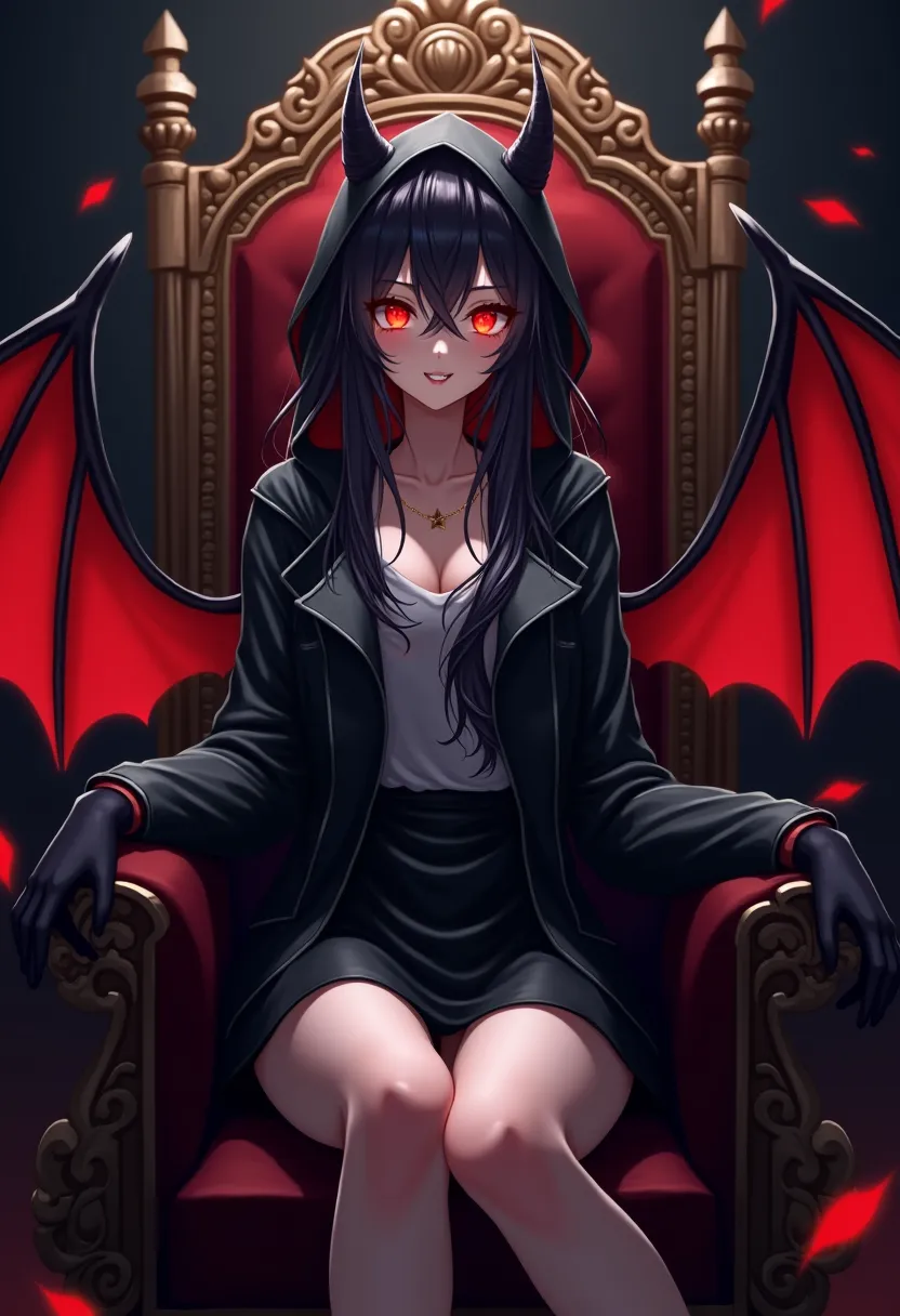 1 anime girl, long wavy black hair, eyes color red shiny neon,Little Fangs,"little evil smile",black coat with low hood,black skirt, full black gloves, small black horns,shiny red wings,(dark background and a throne)