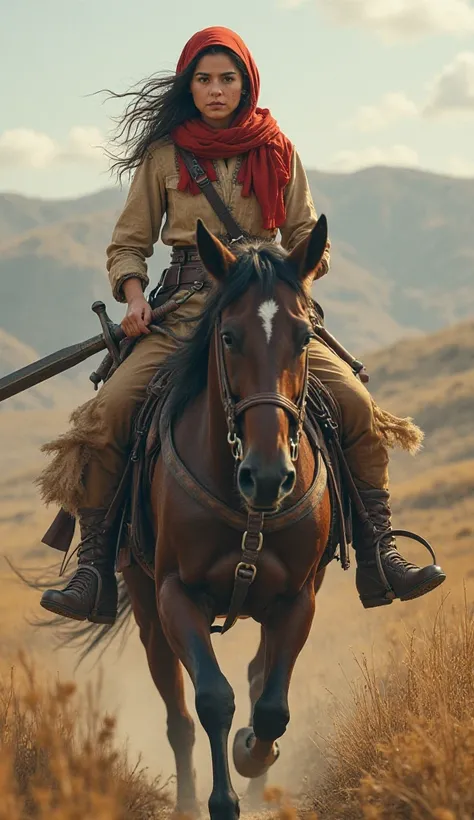 A picture of a girl wearing old clothes and wearing a red cowl on her hair and riding horses in 1940 and carrying a sword with strength and courage