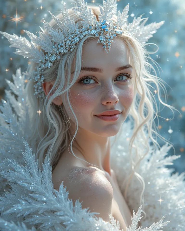 A hyper-realistic 4K Art Nouveau digital painting of a nude goddess of diamond, she smiles cutely, her body naked, her hair sparkles like cut diamonds, adorned with silver dust and radiant prisms, surrounded by intricate icy white and pale blue crystalline...