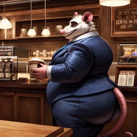 high resolution illustration, 4k, 1 adult, Fat male opossum dressed as a banker, has a huge butt,   fat arms and legs  , pants,  The opossum is standing inside a coffee shop , He is buying a medium cup of coffee and a chocolate donut.