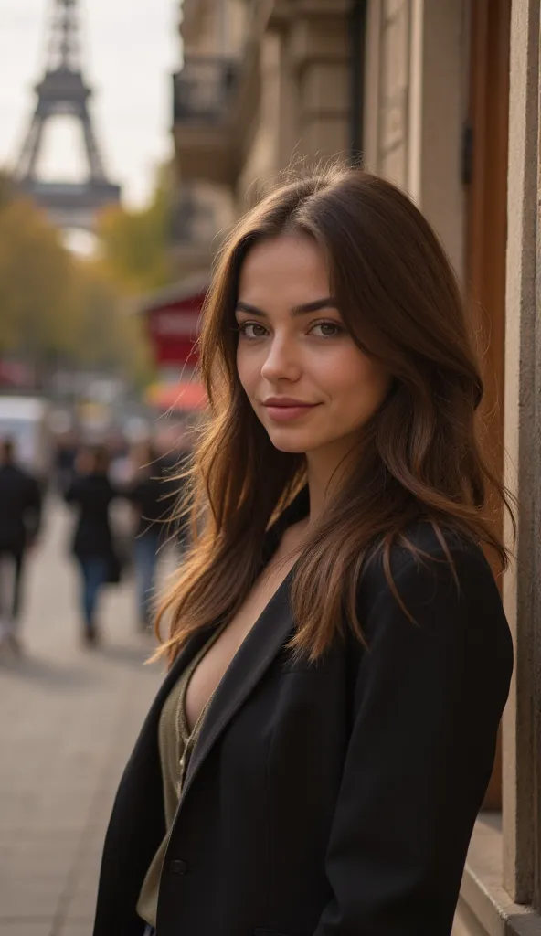 Une belle et dynamique femme brune de 22 ans avec un apparence rayonnante, debout avec confiance à Paris. Elle a un très beau visage avec une joli nez Elle frappe une naturelle, pose confiante, rayonnant d'élégance et de bonheur dans l'air frais du soir, a...