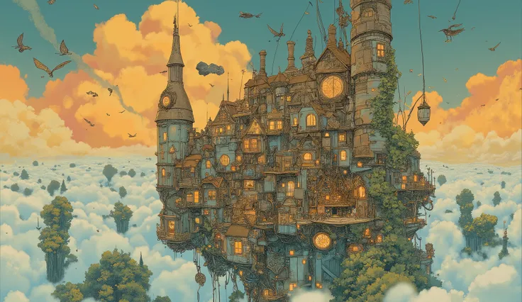 Studio Ghibli-inspired illustration, (soft painterly textures:1.2), (dreamy and warm color palette:1.3), hand-drawn fantasy city, cozy atmosphere, intricate rooftops, cobblestone streets, whimsical architecture, lush greenery, magical realism, soft golden ...