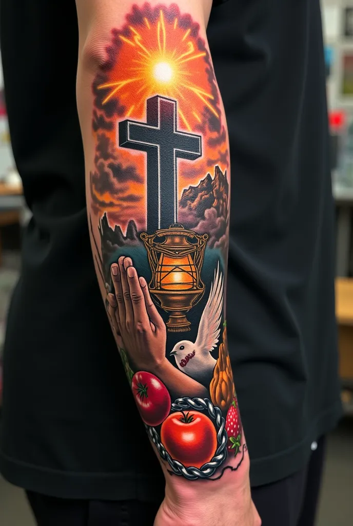 Here is the final concept of your Christian tattoo, combining symbolic elements with an impactful and well-detailed design:

general composition:

The tattoo covers the entire arm,  from shoulder to wrist , creating a fluid and interconnected composition. ...