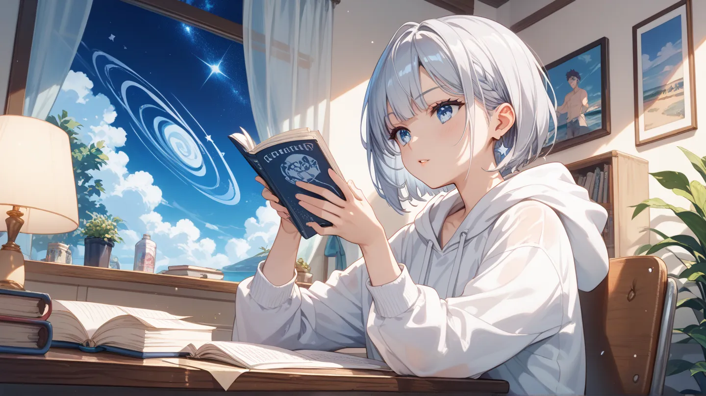 Silver hair short、Light blue accents in the hair、Bright blue eyes、Beautiful boy wearing a white hoodie、At my desk in my room、Sitting on a chair and reading a novel in one hand、It has a serious expression。Time is night、I can see the starry sky from the wind...