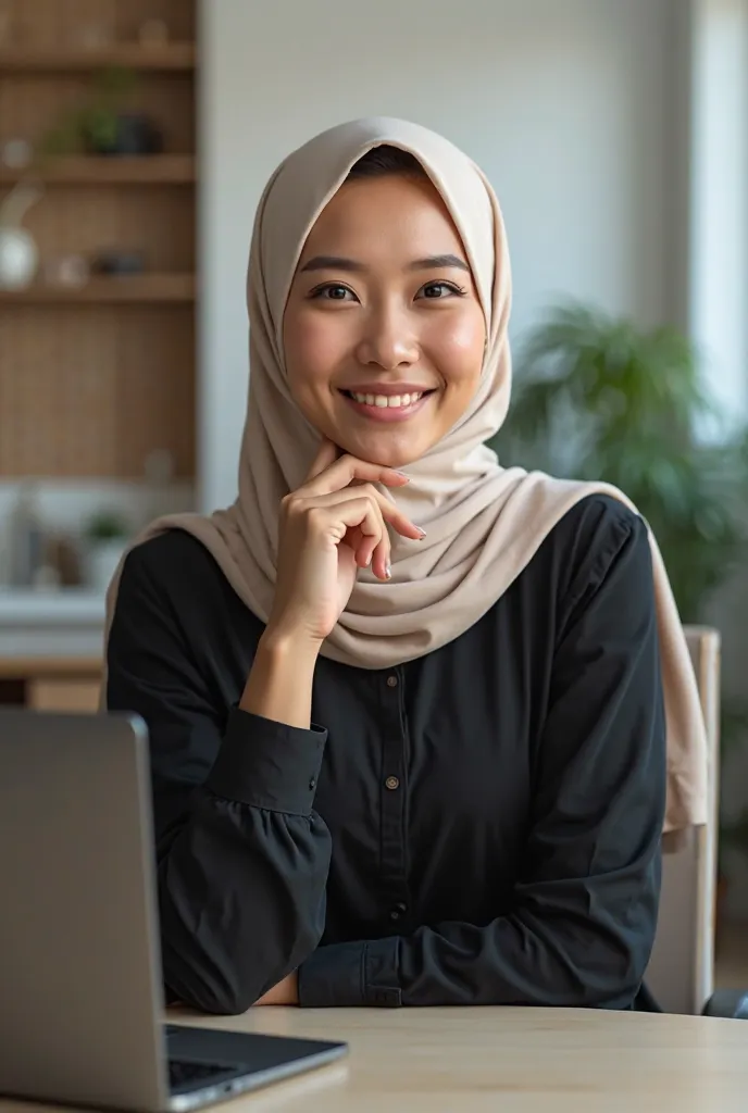 25 years old woman wearing a cream color hijab and black shirt smiley face sitting on rolling chair giving interview mic with stand background freelancer background laptop aside 