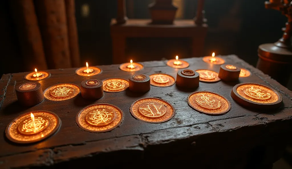 A collection of ancient Indus Valley seals spread across a table, with their strange symbols glowing faintly.
