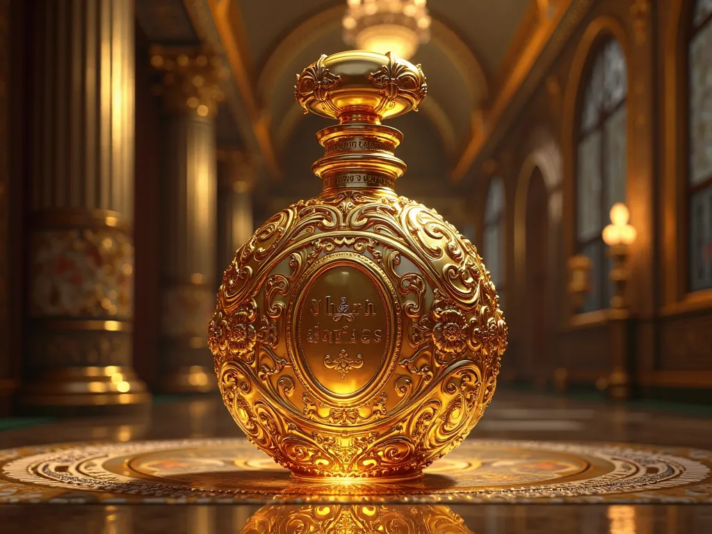 A magnificent gold-plated perfume bottle displayed in a royal-inspired setting with intricate patterns, rich textures, and dramatic lighting emphasizing its grandeur.