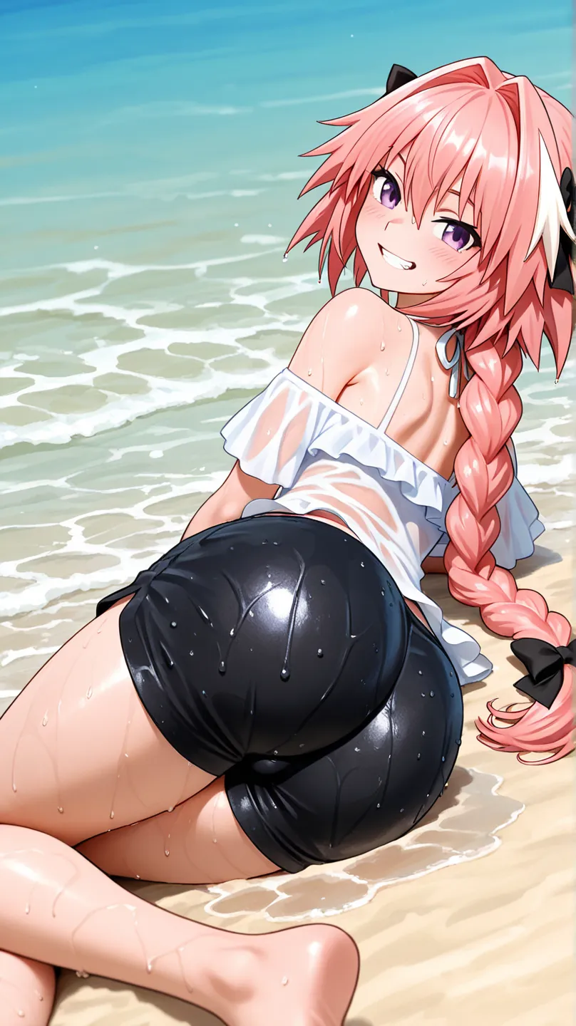  a anime illustration of a woman with pink hair seated on some sand, astolfo (fate), smile, male focus, braid, 1boy, pink hair, looking at viewer, solo, wet, long hair, grin, otoko no ko, hair intakes, beach, barefoot, shorts, bow, blush, single braid, wat...