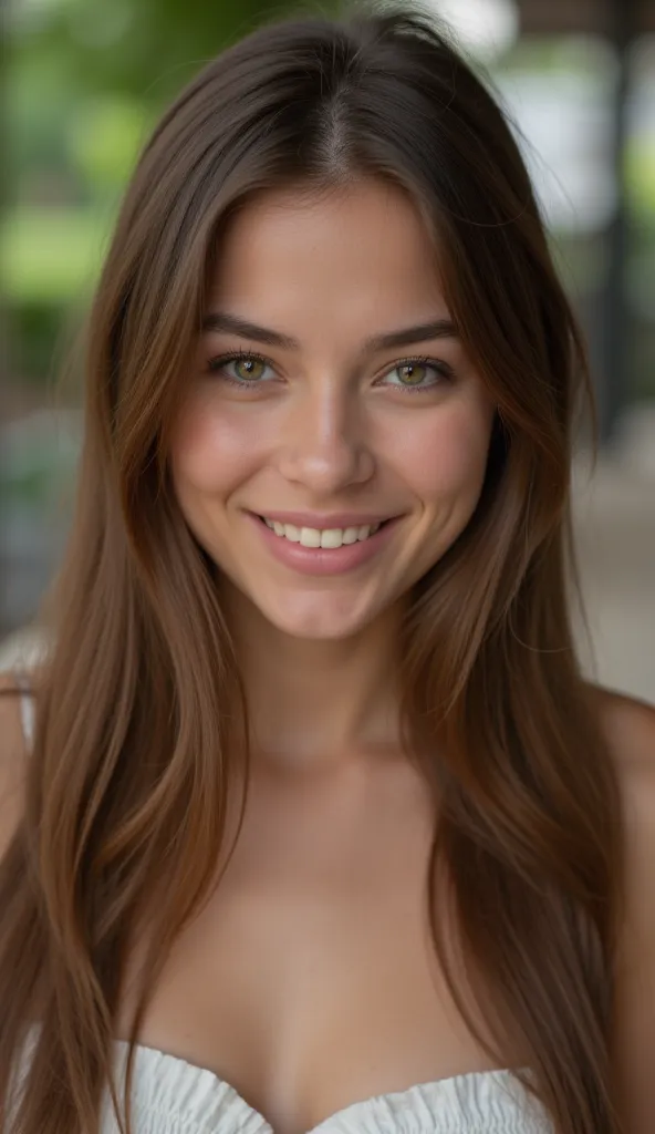 Une jeune femme française de 22 ans, une influenceuse avec de long cheveux bruns lisses et des grands yeux marrons comme une déesse, est heureuse avec un joli sourire