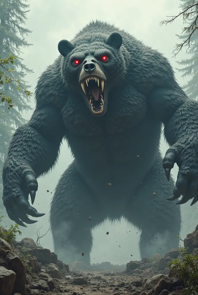 
A huge bear monster stands in your way, its body covered in black bristles, its bloodshot red eyes, its wide-open mouth revealing its huge fangs, it stands on its hind legs and spreads its arms wide to menace you, full body shot, cinematic, photorealistic...