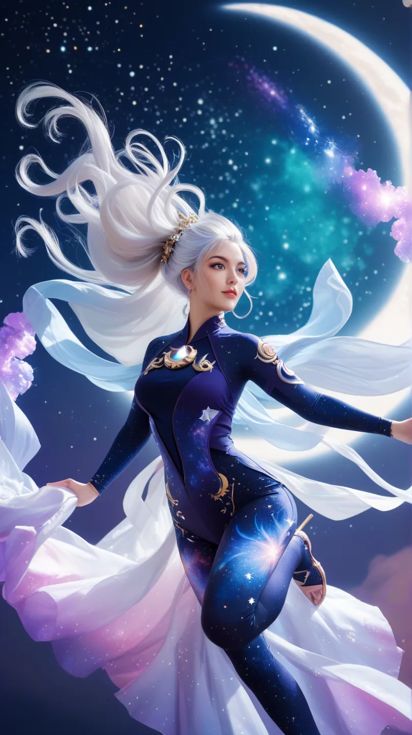 A celestial female ninja with an ethereal bodysuit made of starry cosmic fabric that shifts colors as she moves. She wields twin crescent moon daggers and appears to be floating in mid-air, surrounded by swirling constellations. Her flowing white hair glow...