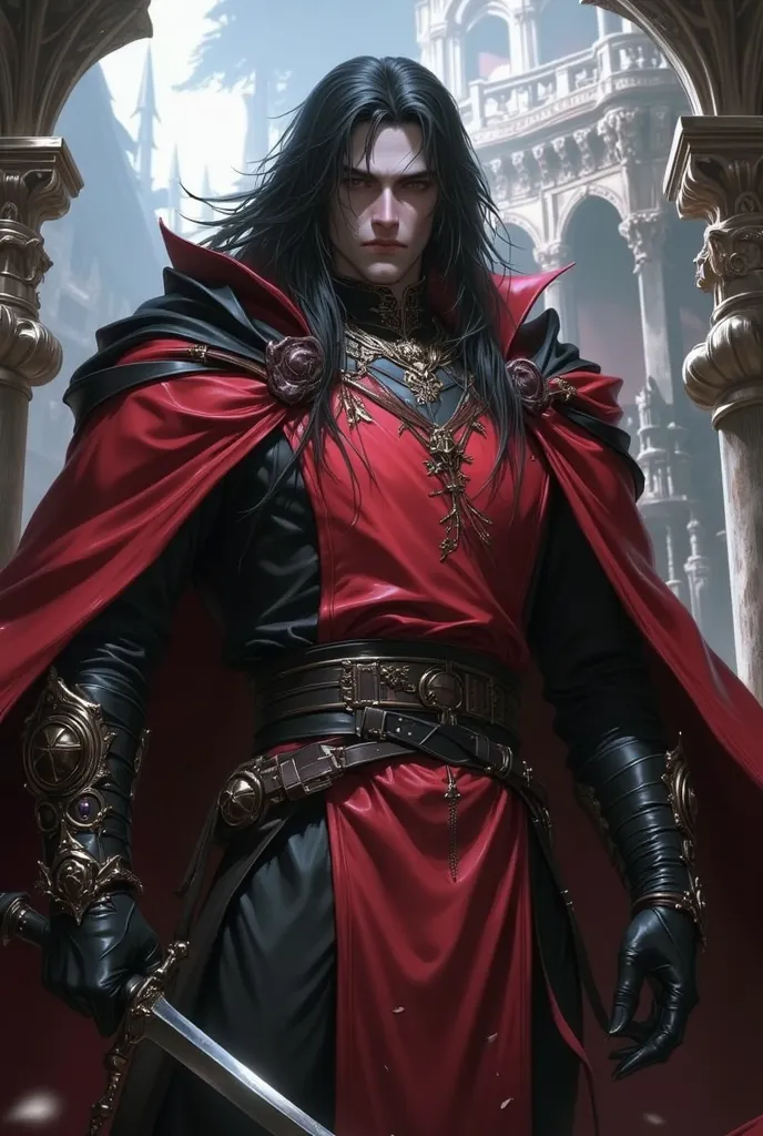 dark-skinned man, long black hair, dressed in a red medieval long-sleeved tabard, black leather gloves, torn cape, with voluminous black hair on his shoulders,Red eyes ,black leather pants, bored, inside a luxurious Castle.