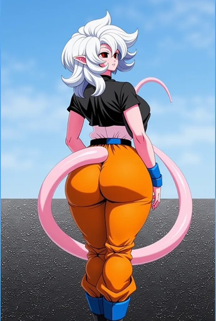 Goku Female With Majin buu eyes red puples Black Eyes Huge Breast and Huge Butt Black Short Sleeved Shirt Black Belt and orange pants and blue rist bands with blue boots Experest Face 