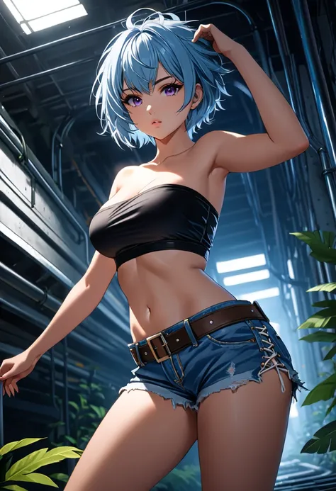 nsfw,masterpiece,best quality,insanely detailed,detailed beautiful face and eyes,1girl,solo,20yo,((pale blue hair,pixie cut,layered shaggy hair)),messy hair,pale purple eyes,tsurime,tanned skin,(huge breasts,thigh belt:1.1),collarbone,dynamic pose,dynamic ...