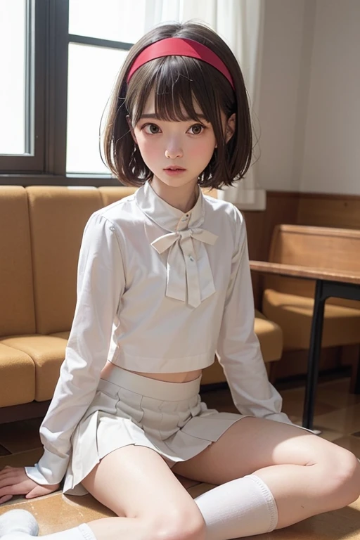 ( masterpiece, top quality:1.7), 16k, ,((The best beautiful girl,super cute)),85mm, Official Art, RAW photo,  is ridiculous, close, Nice hands,perfect hands with full nudity, perfect fingertips, bob cut,(の体型:1.5),( small flat bust sitting on the floor:1.7)...