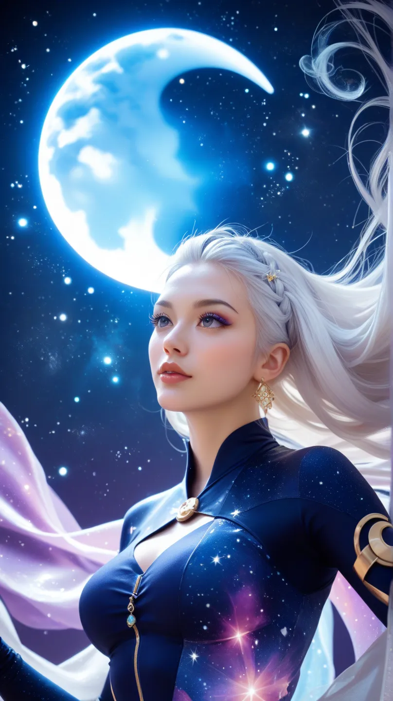 A celestial female ninja with an ethereal bodysuit made of starry cosmic fabric that shifts colors as she moves. She wields twin crescent moon daggers and appears to be floating in mid-air, surrounded by swirling constellations. Her flowing white hair glow...