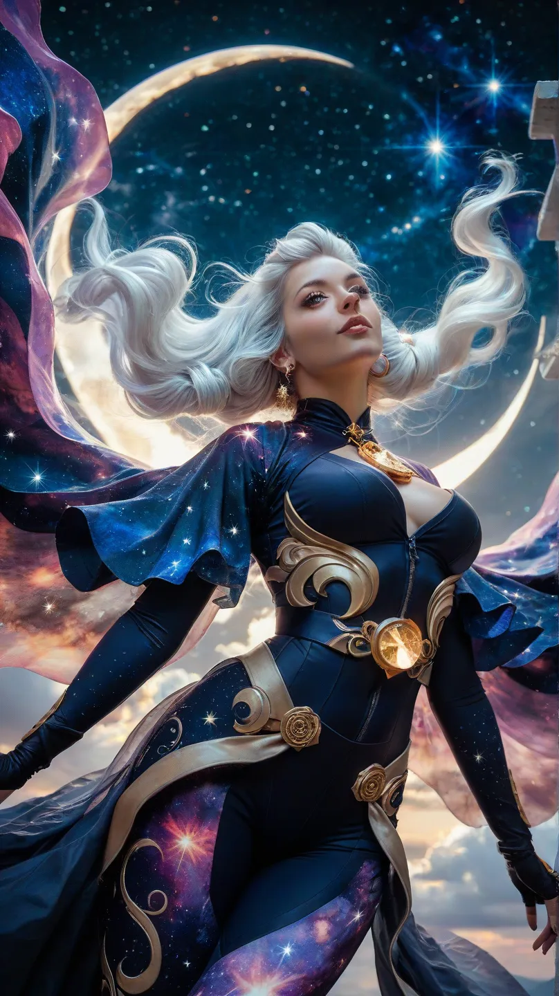 A celestial female ninja with an ethereal bodysuit made of starry cosmic fabric that shifts colors as she moves. She wields twin crescent moon daggers and appears to be floating in mid-air, surrounded by swirling constellations. Her flowing white hair glow...