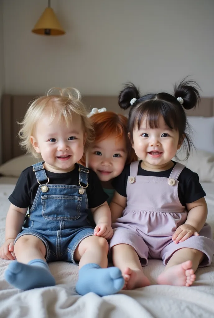 Realistic photography art, full body, extremely realistic photo of twin siblings and younger friend. A baby boy sitting, he has honey-blond hair, long hair, messy slightly wavy hair, striking light blue eyes, asian eye shape, fair skin. Wearing blue overal...