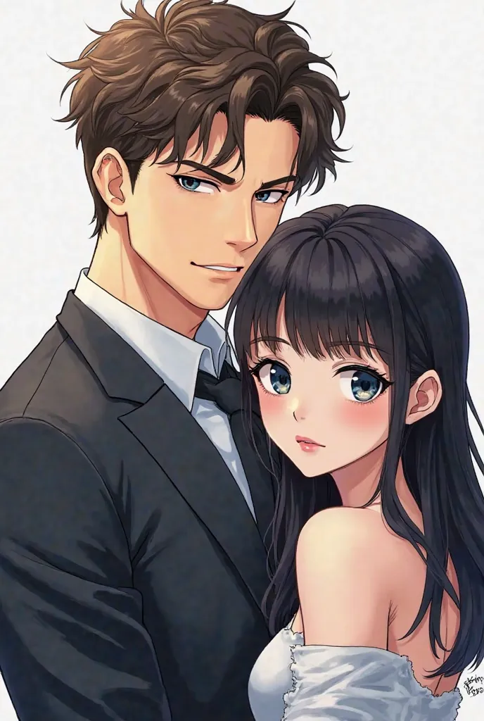 create a realistic manga of a man, handsome, masculine man, in a suit, brown hair, dark blue eyes, white skin, he has a strong physique, has a serious facial expression, he is a handsome boy. He is protecting a beautiful woman, with black hair, gray eyes, ...