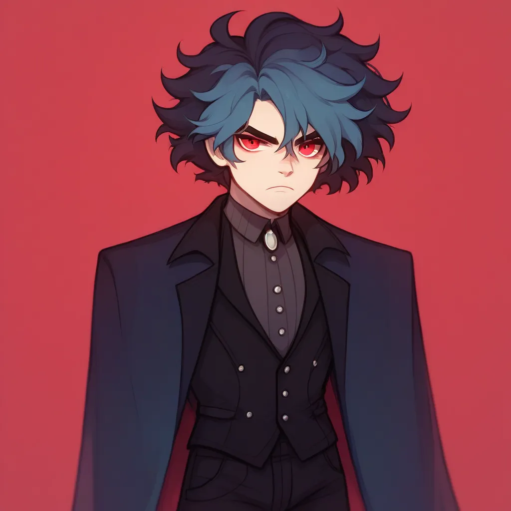 Dark blue-haired man,  short, disheveled hair , Tousled everywhere, disheveled upwards, disheveled to the sides, Right-sided shaving, Dark blue right eye,  red left eye , He wears a very dark blue and black leather suit, he wears a Blue cape covering his r...