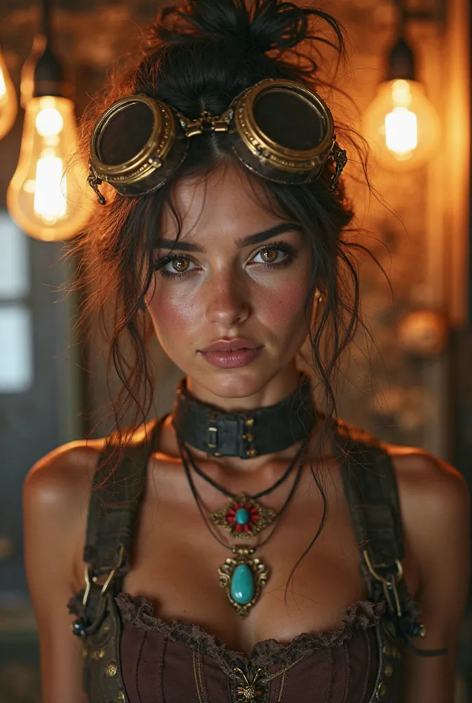 Bathed in warm, ambient light, a young woman exudes confidence and charisma against a backdrop reminiscent of a vintage workshop, filled with the glow of hanging light bulbs. She has tousled, dark hair adorned with stylish steampunk goggles, accentuating h...