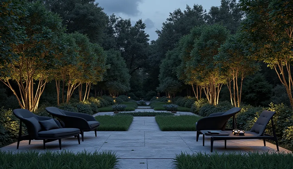 A garden at night with chairs on the north and chairs on the right. In the text, the place is empty and at night the quality has black chairs 