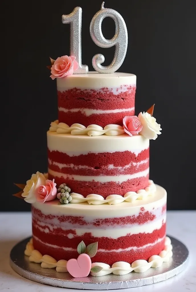 I want a 3-STORY Red Velvet cake , Being the first floor ( small ) The second floor  ( average) And the third  ( big ) Since every floor must be surrounded by a strip of American briefcase, covered by buttercream, edible silver glitter details, And at the ...