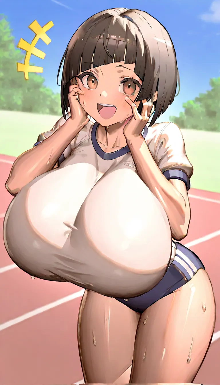 (((solo)))(  lawn ground、blue sky)、((   female 1 person 、 Age Female   ))、(( 、Short sleeve、sweat))、 (   black hair、 short bob、 Cut Bangs 、  beautiful brown eyes)((gigantic breasts))、 masterpiece、  High Resolution、  high quality 、32K、 (((is excited　be happy...