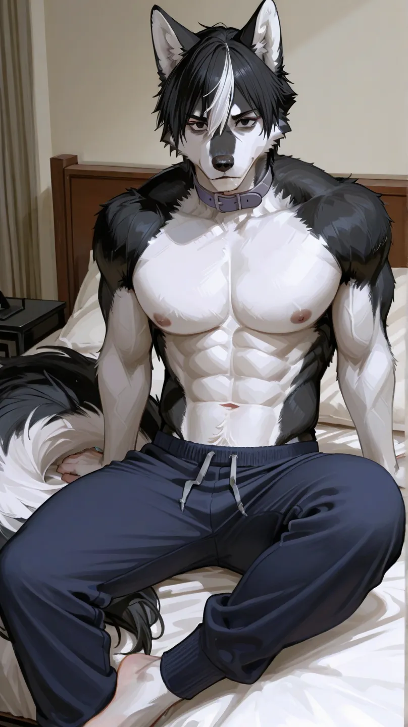 A anthro husky with black and white fur and black eyes and muscular with long white hair and black highlights and a long tail. Being shirtless and wearing navy blue sweatpants and wearing a gray collar. Sitting on a bed in a apartment