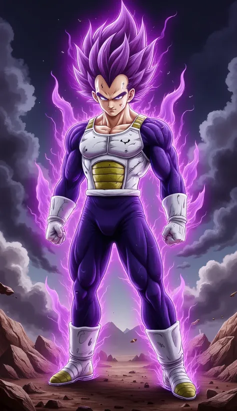 "Majin Vegeta stands in a powerful pose, firm broad legs, a clenched fist clenched so hard that the skewed white knuckles, the other slightly raised with purple black lightning bolts looming around. His face shows absolute violence—sharp eyes that glow bri...