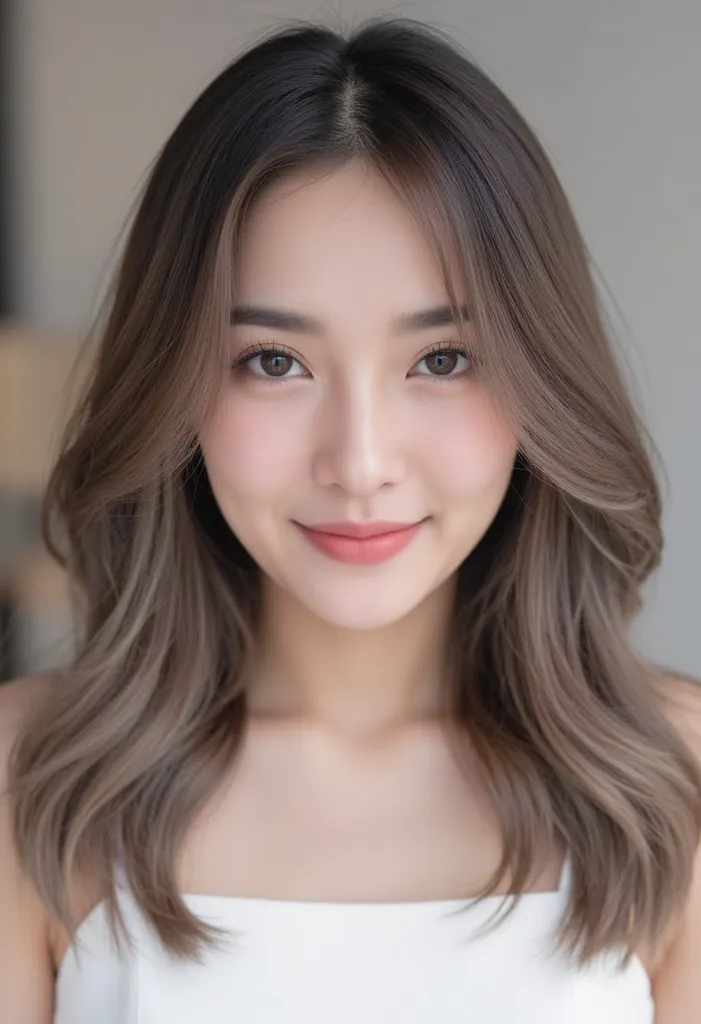 Her hairstyle is a long, shoulder-length cut with natural-looking, layered gradation. The hair color is a deep brown with a slight ash-gray tint, giving it a subtle shine when it catches the light. The hair is mostly straight but with a slight inward curl ...