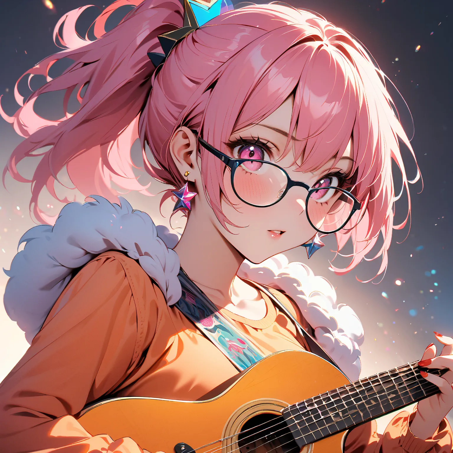 one girl、Rabbit's income glasses、star earrings、 orange long sleeve shirt 、pink overalls、Fluffy pink hair 、pink eyes、 red nails、playing light blue guitar、High Resolution, masterpiece, accurate, 