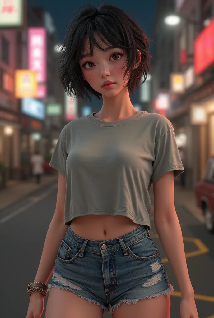 Realistic 3D girl, 18 years old, realistic traits,  medium height , Korean,  White , Alone,  small eyes, detailed and light brown details, freckles on the face, short hair,  Black and messy , mechas roxas, big natural breasts, Anatomia sexy, wearing a gray...