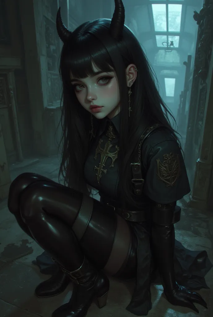 petite anime girl, gothic retro style, ant eye perspective, big black boots, tiny horns on forehead, looking, detailed facial features, dark expression, moody atmosphere, dramatic lighting, dramatic shadows, dark fantasy, dark gothic, cinematic, dark color...