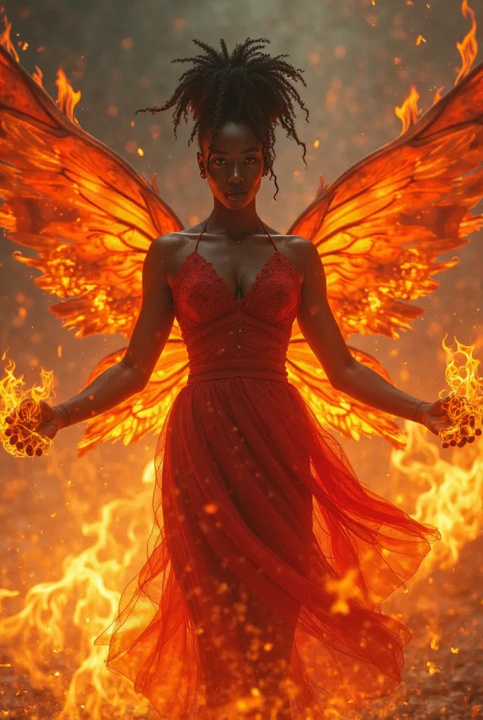 beautiful black woman, wielding fire, red and orange flame dress, flame fairy wings