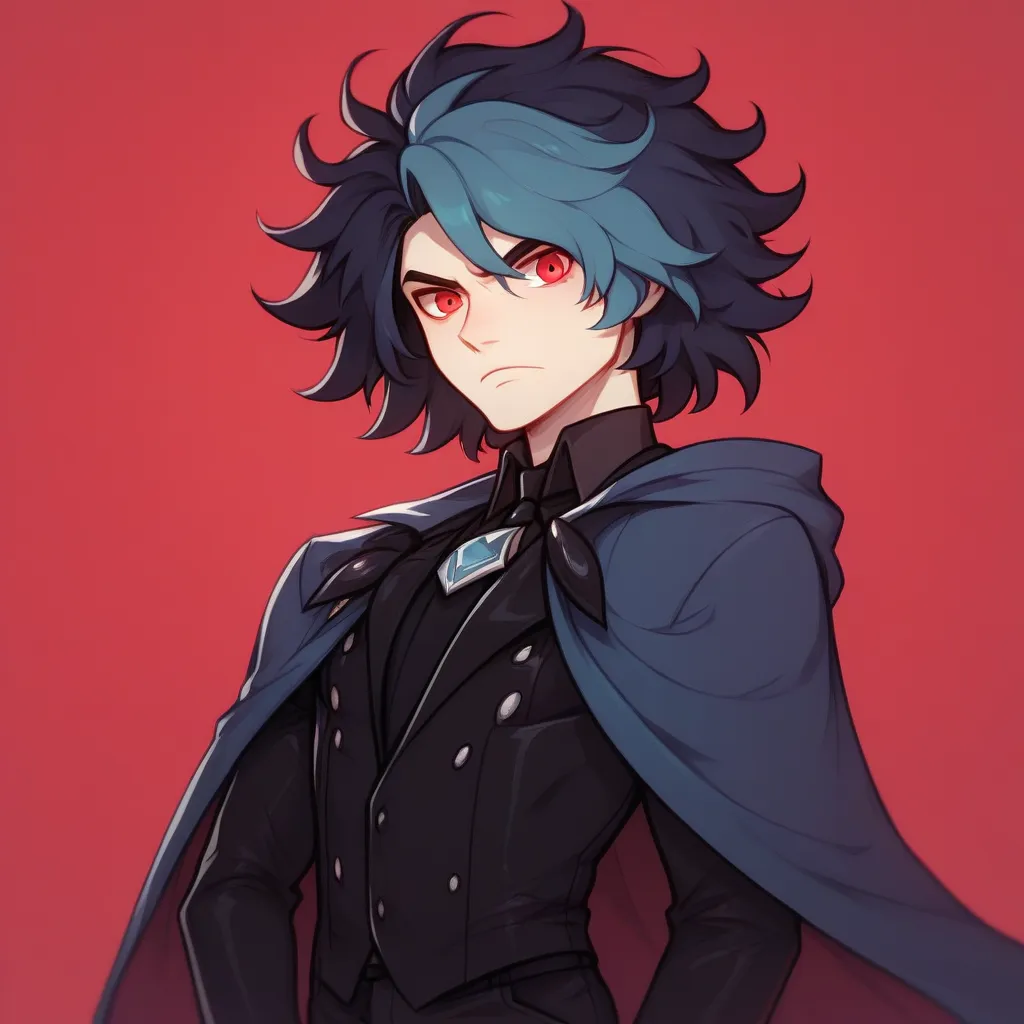 Dark blue-haired man,  short, disheveled hair , Tousled everywhere, disheveled upwards, disheveled to the sides, Right-sided shaving, Dark blue right eye,  red left eye , He wears a very dark blue and black leather suit, he wears a Blue cape covering his r...