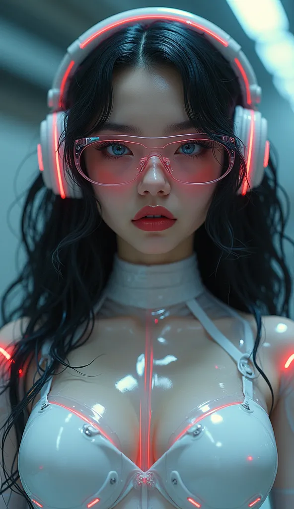 Holography close Cyborg female character . female character with headphones and transparent futuristic glasses, long curly hair color black,  blue eyes red lips with transparent clothes, Cyborg transparent white and red latex details. in a cyberpunk world ...