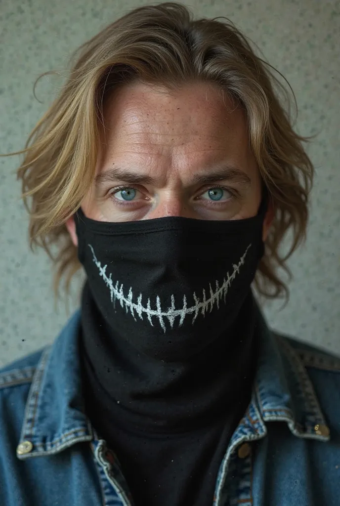 white man, with medium blonde hair, blue eyes, with a black mask on his mouth that has a disturbing smile drawn on the mask, in a denim jacket