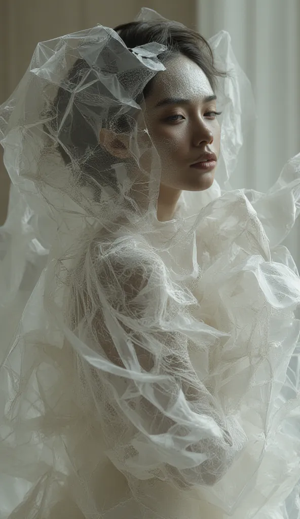 majestic, , low-angle shooting captures a mysterious figure, entangled in a transparent geometric shawl, линии и фигуры, revealing, lines and figures like elegant white and wine porcelain motifs. soft, creamy lighting casts soft shadows, , while the chiaro...