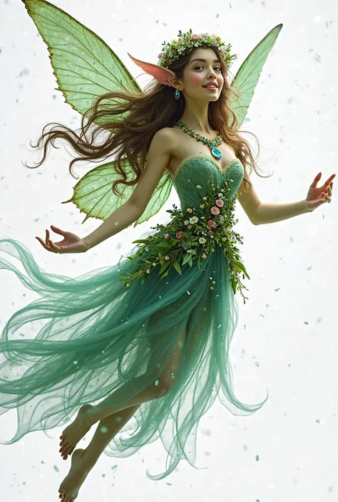 full body photo, of a fairy who is the guardian of an enchanted forest. This fairy is extremely beautiful and ethereal, with an air of mystery and magic. Facial features: big shiny eyes, skin with an emerald green hue.  soft and luminous skin , with a slig...