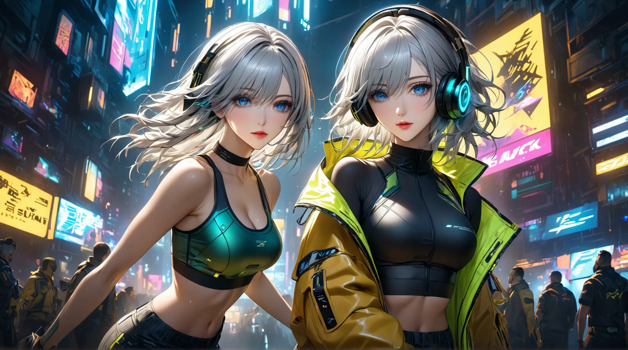 super realism、.Cyberpunk、
(Medium length silver hair.blue eyes.)（green medium length hair.green eyes）
(yellow leather studio tech jacket over sports bra、 Cyberpunk design 、  no .、 Bare Skin That Will Break 、Standing shorts)Chest for Men、(  for LINE sticker...